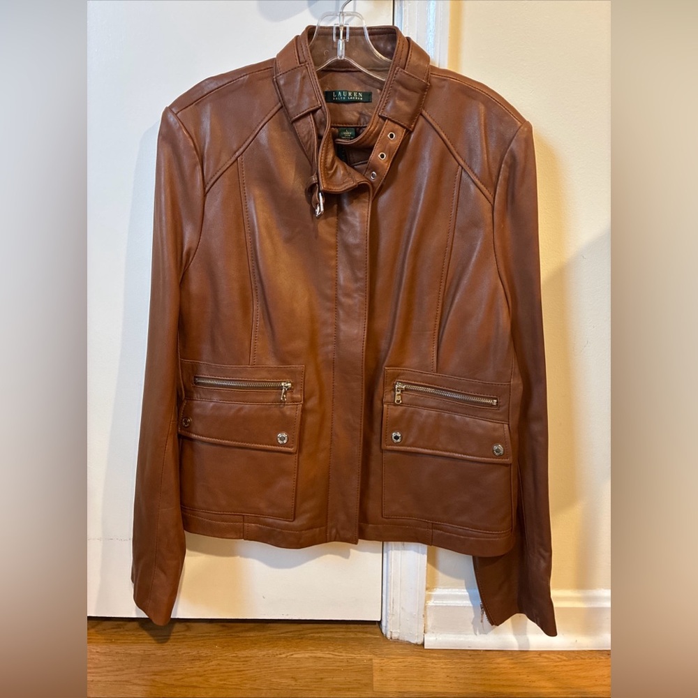 Lauren Ralph Lauren brown leather jacket size L NWT